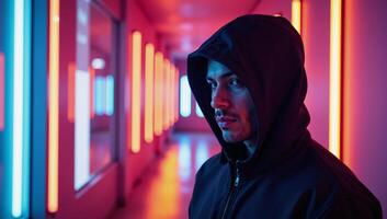 A hooded man stands in a vibrant neonlit futuristic hall photo
