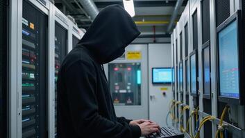 Hacker in hoodie within a data center environment photo