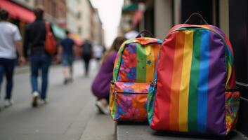 Two rainbow backpacks on a blurred LGBT background no text AR 169 Quality 0 photo