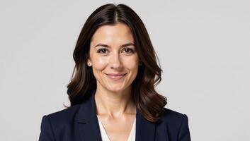 A professional businesswoman exudes confidence with subtle makeup and stylishly wavy locks photo