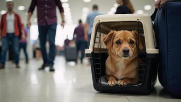A cute dog is depicted with a pet carrier at a busy airport terminal photo