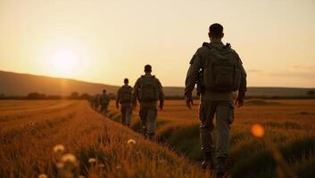 Soldiers walk through a sunlit field at dusk with warm sunlight casting an ethereal glow photo