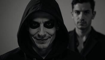 A Halloweeninspired image features a darkened setting with a hooded dangerous criminal lurking menacingly photo