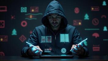 A man wearing a hood uses holographic technology as a futuristic hacker photo