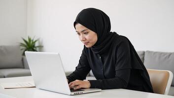 Businesswoman in modern attire works at desk with laptop photo