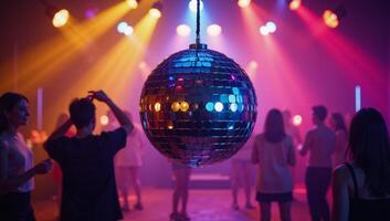 A glittering disco ball reflects party lights music and dancefloor vibes photo