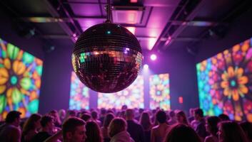 Vibrant disco ball lights highlight an abstract retroinspired nightclub scene for celebrations and music events photo
