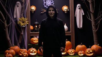 A spooky Halloweenthemed magical garden with intricate details for a photorealistic portrait photo