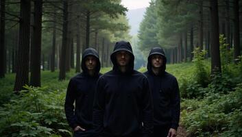 Three men in black hoodies and hats gather in a forest setting photo