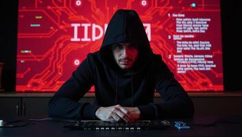 Digital illustration Hacker atop hood against glowing neonred background symbolizing cyber threat and security concern photo