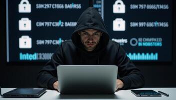 Cybersecuritythemed illustration with a hooded hacker amidst encrypted data firewalls photo