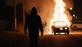 Hooded individual strolling by flaming vehicle under cover of darkness photo