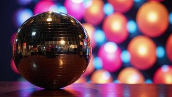 Glowing disco ball surrounded by colorful bokeh lights photo