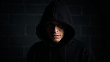 Criminal man with hooded appearance gazes at dangerous backdrop photo