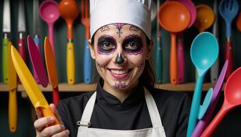 A Sugar Skull chef is depicted wearing a bandana while wielding kitchen utensils photo