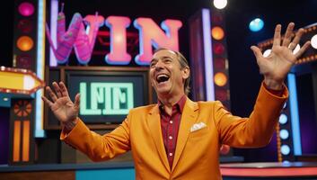 Nostalgic retro game show host celebrates winning moment on TV photo