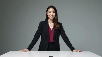 Businesswoman poses confidently in corporate setting gazing directly into camera lens photo