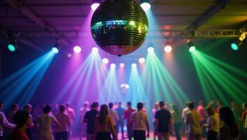 A disco ball illuminates the dancefloor with rainbow beams and swirling bokeh lights behind photo