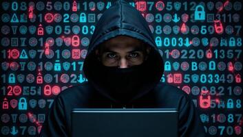 Illustrated cyber security scene with hacker in hoodie amidst encrypted data firewalls photo