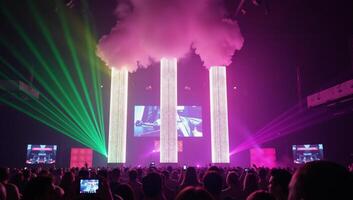 A vibrant rainbow laser show illuminates a bustling nightclub scene filled with dancing people and colored lights on a dimly lit dance floor photo