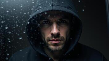 A mysterious figure with piercing gaze peering through a window photo