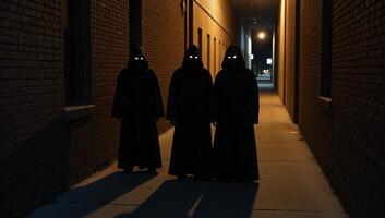 Three ominous figures with glowing yellow eyes loom in a shadowy alley photo