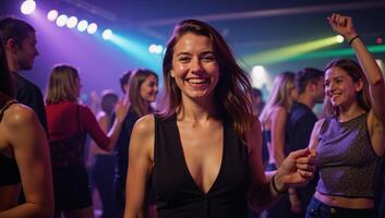 A joyful dancer radiating happiness while grooving on the dance floor at a nightclub photo