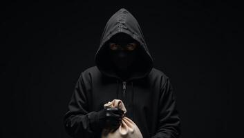 Digital Photorealistic Image Mysterious Bank Robber with Hood Mask Against Dramatic Black Background photo