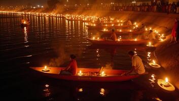 Thousands of lit earthen lamps illuminating DeepavaliDiwali festivities along the riverside in Varanasi Ayodhya India photo