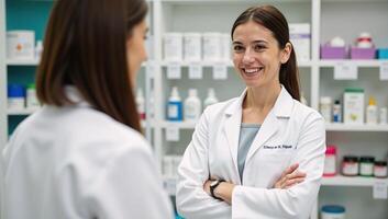 A pharmacist exudes confidence amidst neatly arranged medicines within a bustling pharmacy setting photo