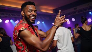 Young Black dancer grooving to beats at a clubs bustling dance floor photo