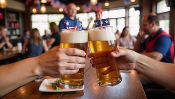 A bar scene depicting two toasting glasses adorned with American flags during the Fourth of July celebration photo