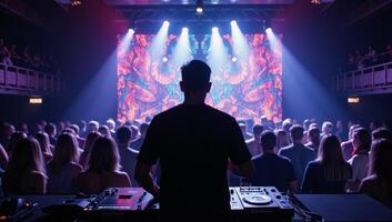Vivid nightclub scene featuring DJs silhouette amidst kaleidoscopic light display enthusiastic audience photo