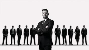 Professional man depicted with silhouetted coworkers symbolizing corporate leadership and unity photo