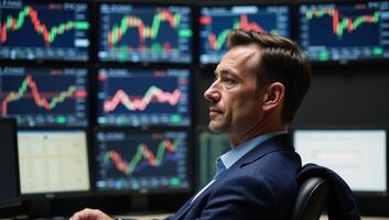 Mans profile view with stock market chart detailing photo