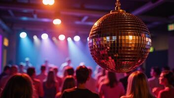 Retrostyle image featuring a shiny gold disco ball reflecting vibrantly at an energetic lively party photo