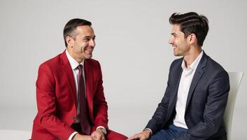A financial advisor confidently explains retirement fund diversification to a Gen Z entrepreneur wearing red attire photo