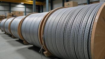 Wire coiled on a wooden reel in a warehouse setting photo