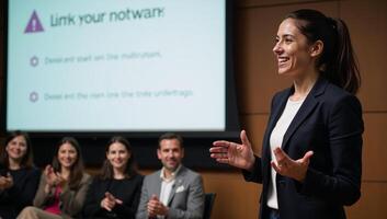 Businesswoman presenting startup idea to applauding smiling audience during speech photo