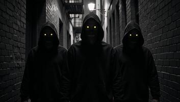 Three sinister hooded figures with glowing yellow eyes are seen lurking in a dark alleyway photo