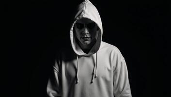 A Halloweenthemed portrait depicts an ominous figure a blackclad hooded man with sinister makeup hinting at his possible identity as a dangerous criminal lurking in the shadows photo