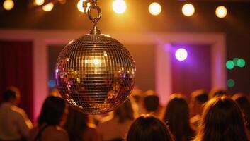 Vibrant disco ball creates shining reflections amidst festive setting emphasizing a lively and glittering party atmosphere bokeh effect photo