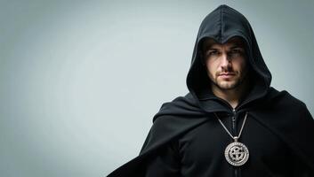 Hooded man with determined look displaying emblem of protection before a digital backdrop photo