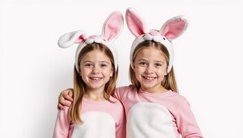 A watercolor portrait featuring an isolated image of a pair of children dressed as bunnies against a white backdrop photo