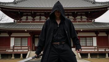 A solitary samurai stands guard outside a Japanese temple photo