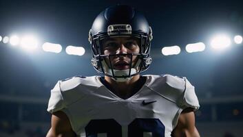 A photorealistic image features an American football player wearing a helmet against a backdrop of stadium lights photo