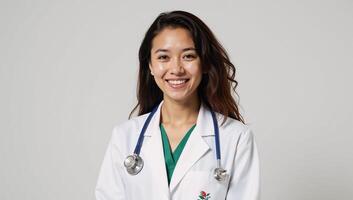A selfassured yet friendly young doctor dons a white lab coat and stethoscope signifying professionalism and warmth photo
