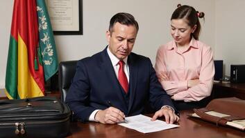 Illustration showcasing a lawyer offering guidance to a young assistant at their shared desk photo