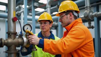 Workers wearing safety gear closely examine a hydrogen gas storage site midshot photo