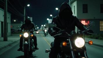 Three mysterious ominous hooded riders on motorcycles cruise through the night in a spinetingling thrilling scene photo